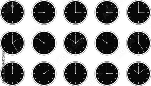 Analog clock grid, black background, educational time concept, learning to tell time, school resource, minimalist design
