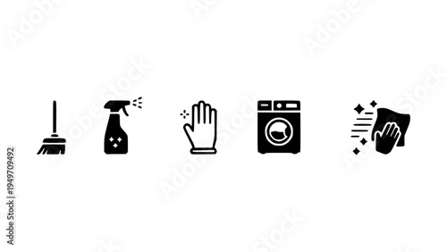 Vector icons representing cleaning tools, hygiene supplies, and sanitation equipment.