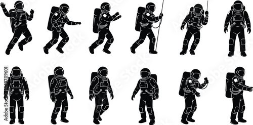 Astronaut silhouette set, space explorer character poses, astronaut activity icons, spacewalk figures, cosmonaut vector illustration collection