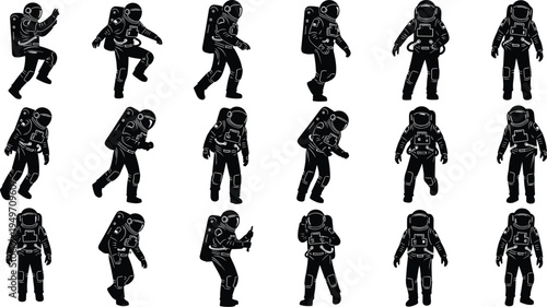 Astronaut character poses set, space explorer silhouette collection, sci fi astronaut movements, futuristic space suit illustration pack