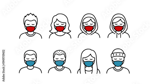 Icons showing people wearing protective masks for health safety and disease prevention.