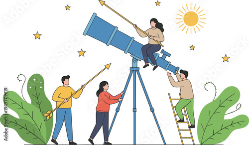 Astronomy teamwork concept, people exploring telescope, space observation, stargazing, scientific curiosity, cosmic discovery, night sky research
