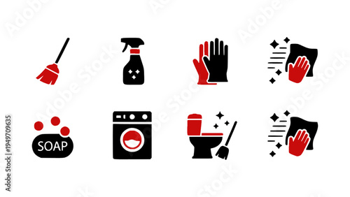 Flat icons featuring cleaning products, washing equipment, soap, and sanitation tools.