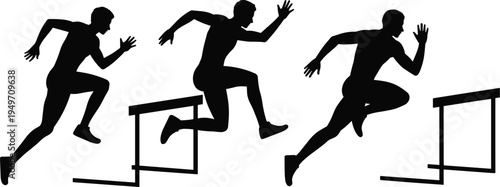 Athlete hurdling over obstacles silhouettes, track and field sprint training, competitive sport vector illustration isolated