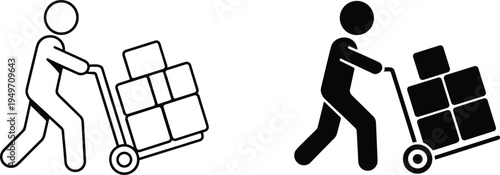 Delivery worker pushing hand truck with stacked boxes icon set, courier logistics transport symbol for shipping and warehouse service