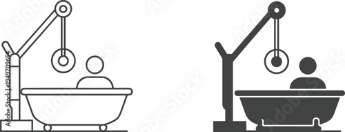 Dental clinic treatment chair icon set, dentist medical equipment with patient seat vector illustration outline and solid healthcare symbol