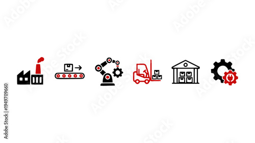 Vector icons representing factory production, automation systems, logistics, and industrial processes.