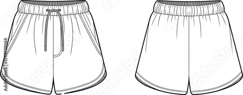 Athletic shorts front view, technical fashion sketch, elastic waistband, drawstring design, apparel illustration for garment production