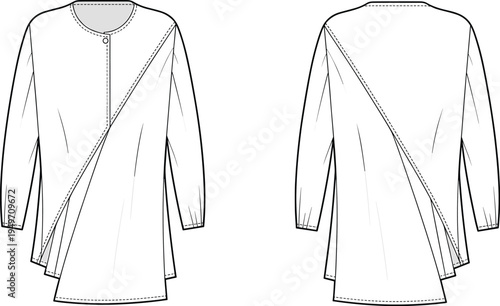 Asymmetrical long sleeve tunic blouse, fashion flat sketch, technical drawing, garment design, sewing pattern, apparel illustration