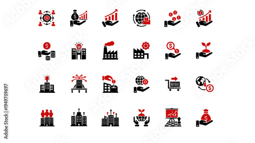 Vector icons representing factories, manufacturing processes, and industrial operations.