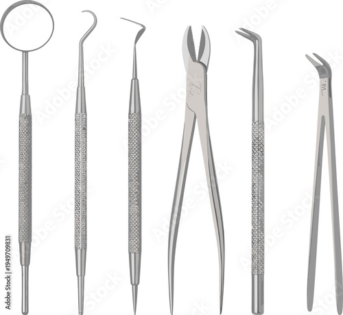 Dental instruments set including mirror probe scaler and extraction forceps, professional dentist tools for oral care clinic