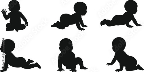 Baby development stages silhouettes set, crawling sitting standing infant growth milestones isolated on white background illustration