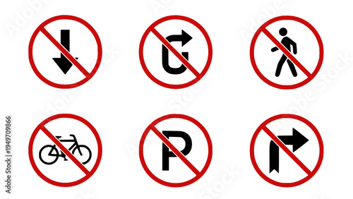 Collection of prohibition icons for traffic rules, restrictions, and public regulation signs.