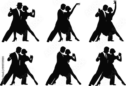 Ballroom dance silhouettes, elegant couple poses, tango movement, Latin rhythm, formal attire, artistic expression, graceful dancers, black silhouette, dance illustration, performance art