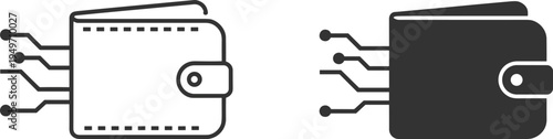 Digital wallet fintech icon set, electronic payment purse with circuit connection vector illustration outline and solid finance symbol
