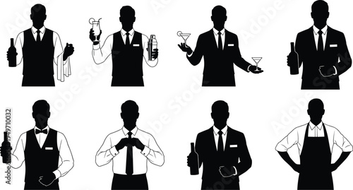 Bartender silhouettes in professional uniforms, serving drinks, mixing cocktails, hospitality staff poses, restaurant service illustration, nightlife concept