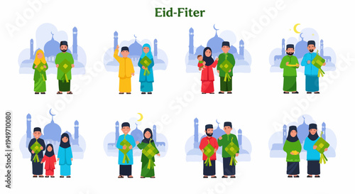 Set of flat illustrations showing diverse Muslim families and couples celebrating Eid al-Fitr with traditional ketupat and mosque backgrounds.