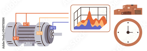 Predictive analytics, industrial automation, energy efficiency, logistics planning, maintenance scheduling, workflow optimization. Motor and data chart. Predictive analytics and industrial automation