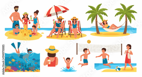 Vector illustration set of diverse summer beach activities including snorkeling, swimming, sunbathing, and playing volleyball for family vacation concepts.