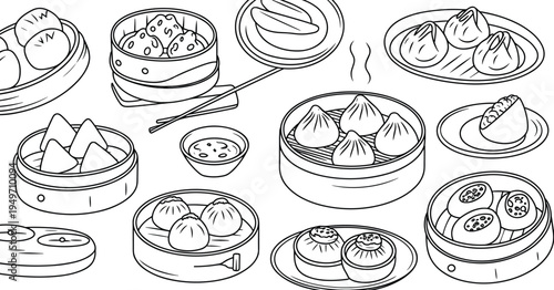 Dim sum cuisine drawing, Chinese food illustration, dumpling and bun art, bamboo steamer design, traditional Asian meal, cultural dining element