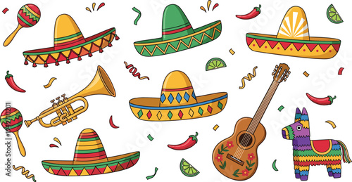 Vibrant Mexican Fiesta Illustration Set with Sombreros Maracas Trumpet Guitar Piñata Chili Peppers Confetti for Cinco de Mayo Party Celebration and Latin Culture Designs