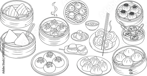 Dim sum food drawing, Chinese cuisine illustration, dumpling and bun art, bamboo steamer design, traditional Asian meal, cultural dining element