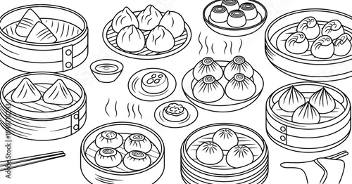 Dim sum food illustration, Chinese cuisine drawing, dumpling and bun art, bamboo steamer design, traditional Asian meal, cultural dining element
