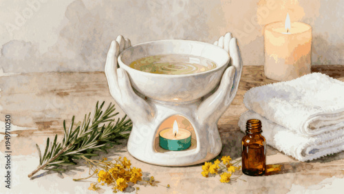Peaceful Aroma Therapy Hands Holding Aroma Burner isolated watercolor vector illustration svg