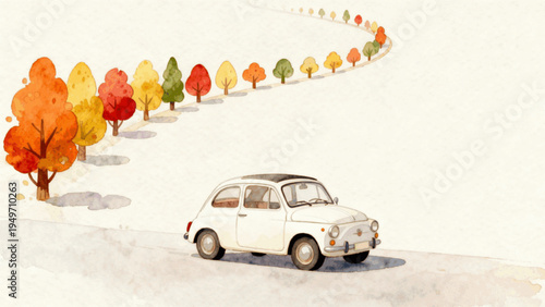Beautiful Road Trip White Car on Autumn Road isolated watercolor vector illustration svg