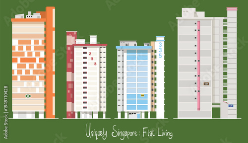 Side profiles of Singapore's public housing flats showcase a variety of architectural styles and color schemes, reflecting the country's commitment to practical yet visually distinct urban design. 