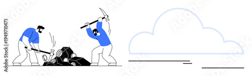 Two individuals mining rocks with pickaxes, wearing blue shirts, large cloud in the background. Ideal for teamwork, labor, effort, mining, collaboration perseverance industry. Simple flat metaphor