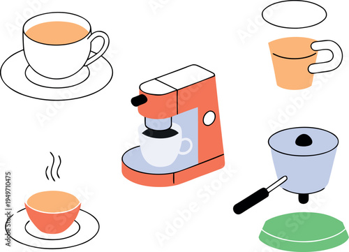 Colorful illustration of coffee cups and a coffee maker