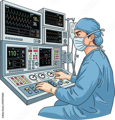 Anesthesiologist Operating Medical Equipment in Operating Room.
