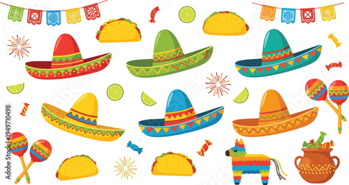 Vibrant Mexican Fiesta Illustration Collection with Sombreros Tacos Piñatas Maracas Papel Picado Lime Slices and Party Elements for Cinco de Mayo Celebration Latin Culture Designs