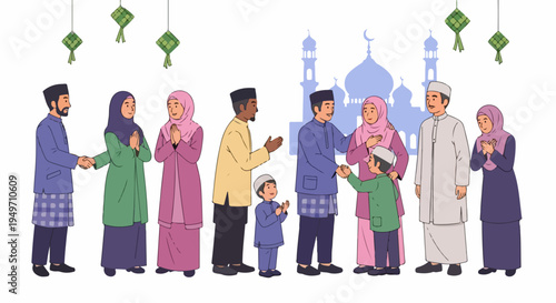 Illustration of Muslim Family and Friends Greeting Each Other During Eid al-Fitr Celebration with Mosque and Ketupat Decorations.