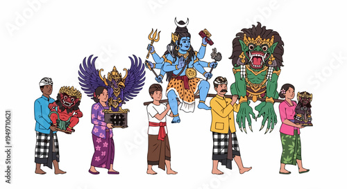 Colorful Illustration of a Balinese Procession with People Carrying Traditional Statues, Ogoh-ogoh, Garuda, and Hindu Gods for a Cultural Festival