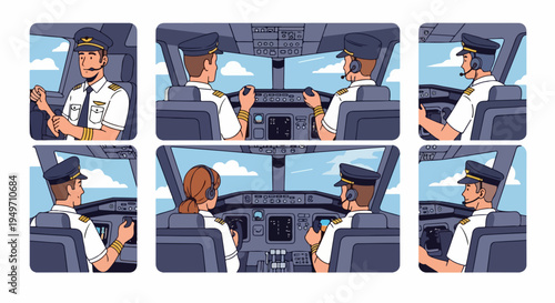 Set of Cartoon Illustrations Depicting Male and Female Pilots Operating an Airplane Cockpit with View of the Sky