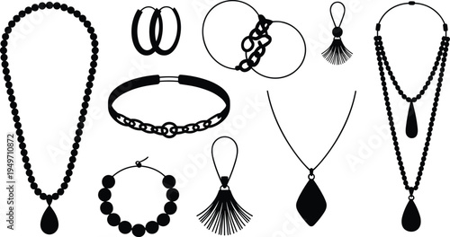 Elegant jewelry accessories vector set, necklaces earrings bracelets rings and pendants fashion silhouette collection isolated illustration