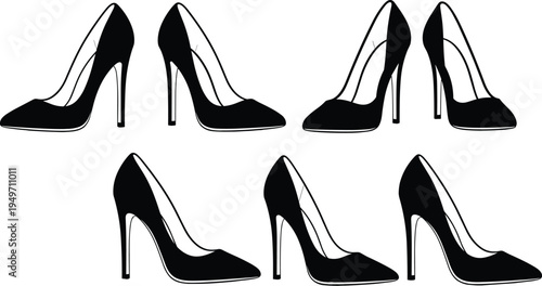 Black high heel shoes, fashion footwear, elegant stiletto design, stylish women's shoes, vector illustration, seamless pattern, isolated graphic art