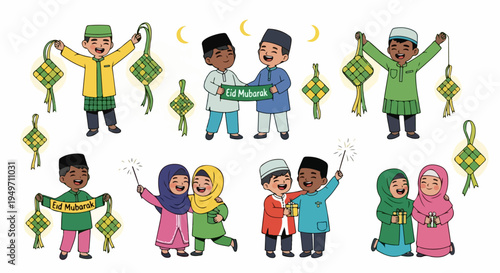 Collection of happy Muslim children celebrating Eid Mubarak with traditional food, gifts, and sparklers in a cute cartoon style.