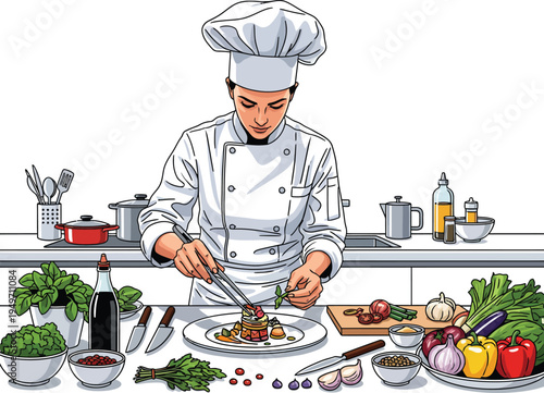 Chef preparing gourmet dish in professional kitchen setting.