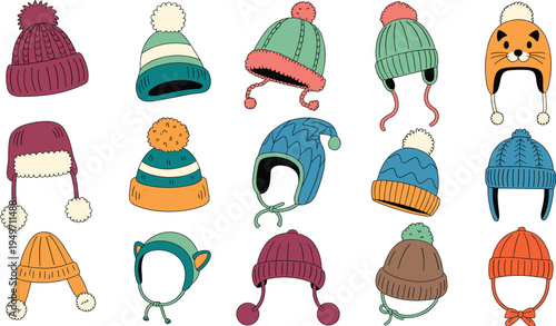 Fifteen colorful winter hats collection, knitted beanies, pom‑pom hats, ear flap designs, animal themed cozy seasonal fashion accessories illustration