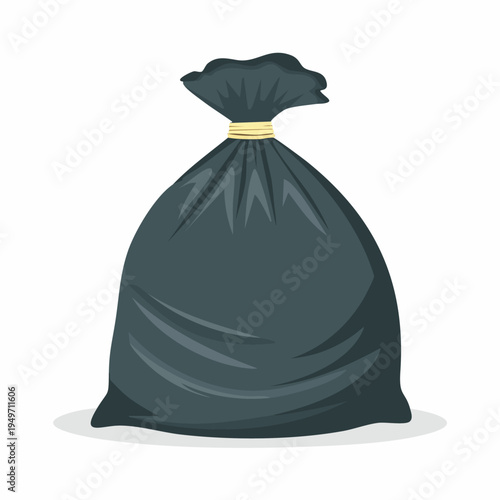 Single black plastic garbage bag tied on white background