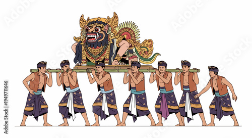 Illustration of Balinese Men Carrying an Ogoh-ogoh Effigy for a Traditional Parade Before Nyepi Day in Bali, Indonesia