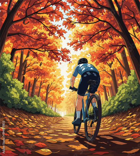 Cyclist riding a mountain bike on a forest path.