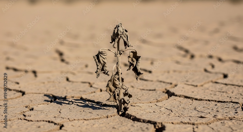 Obraz premium Withered plant struggling to survive in dry cracked earth