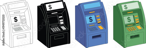 Four ATM machine illustrations in different colors, banking technology icons for finance, cash withdrawal, digital payment, financial services, user interface