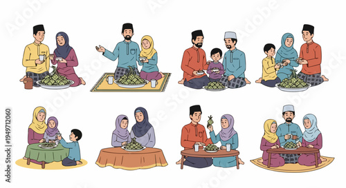 Collection of diverse Muslim family illustrations celebrating Eid al-Fitr by sharing traditional Ketupat meals together in various festive settings.