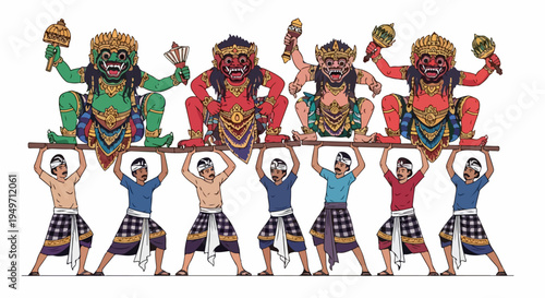 Illustration of Balinese men carrying giant Ogoh-ogoh demonic effigies on a bamboo platform for a traditional cultural festival in Bali, Indonesia.