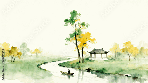 Pavilion Near River Vintage Lantern Object Lantern isolated watercolor vector illustration svg